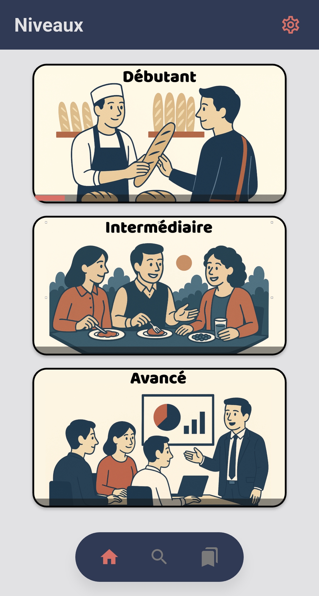 Home screen with Beginner, Intermediate, and Advanced difficulty choices in French.